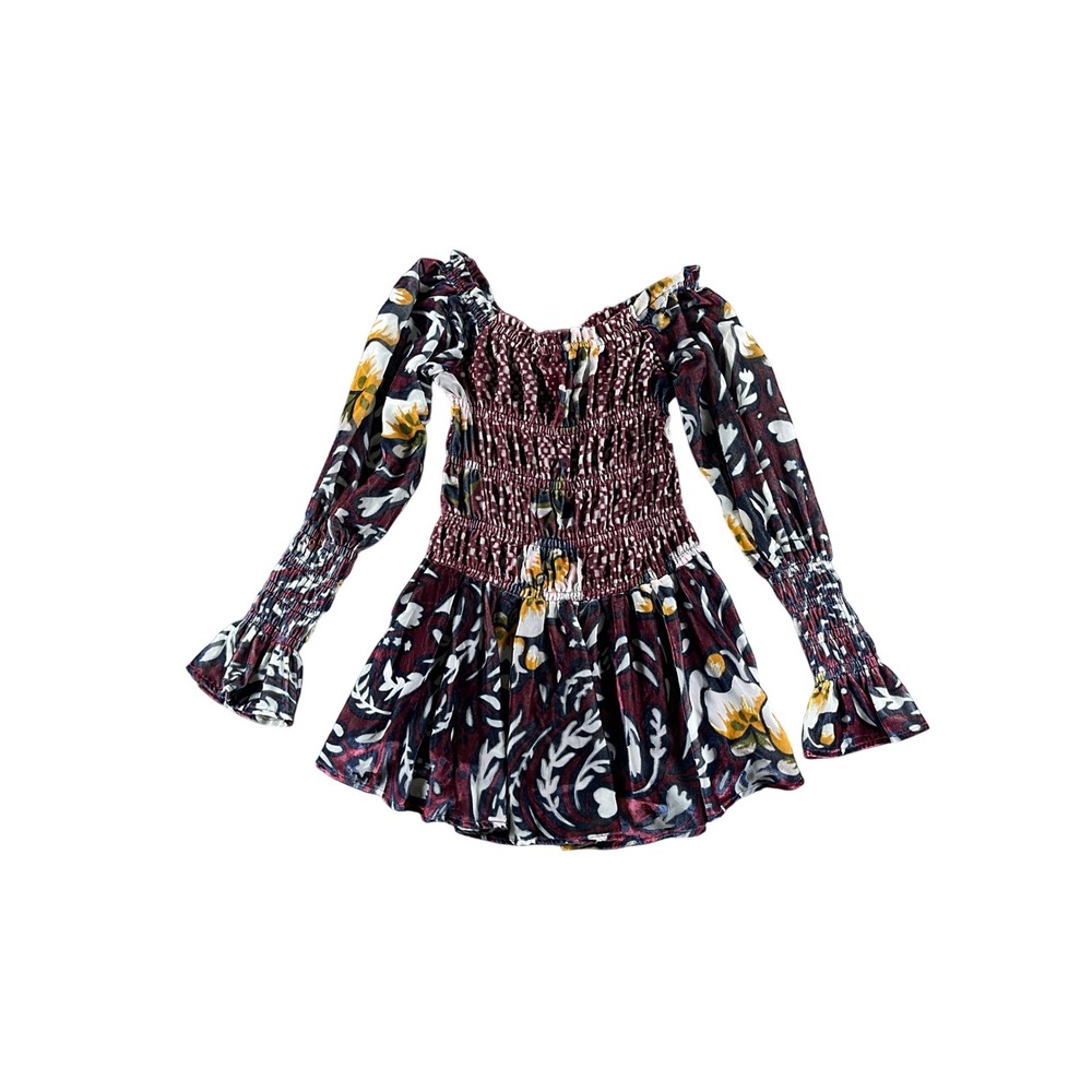Free People Floral Velvet Smocked Mini Dress Burgundy Long Sleeve Small